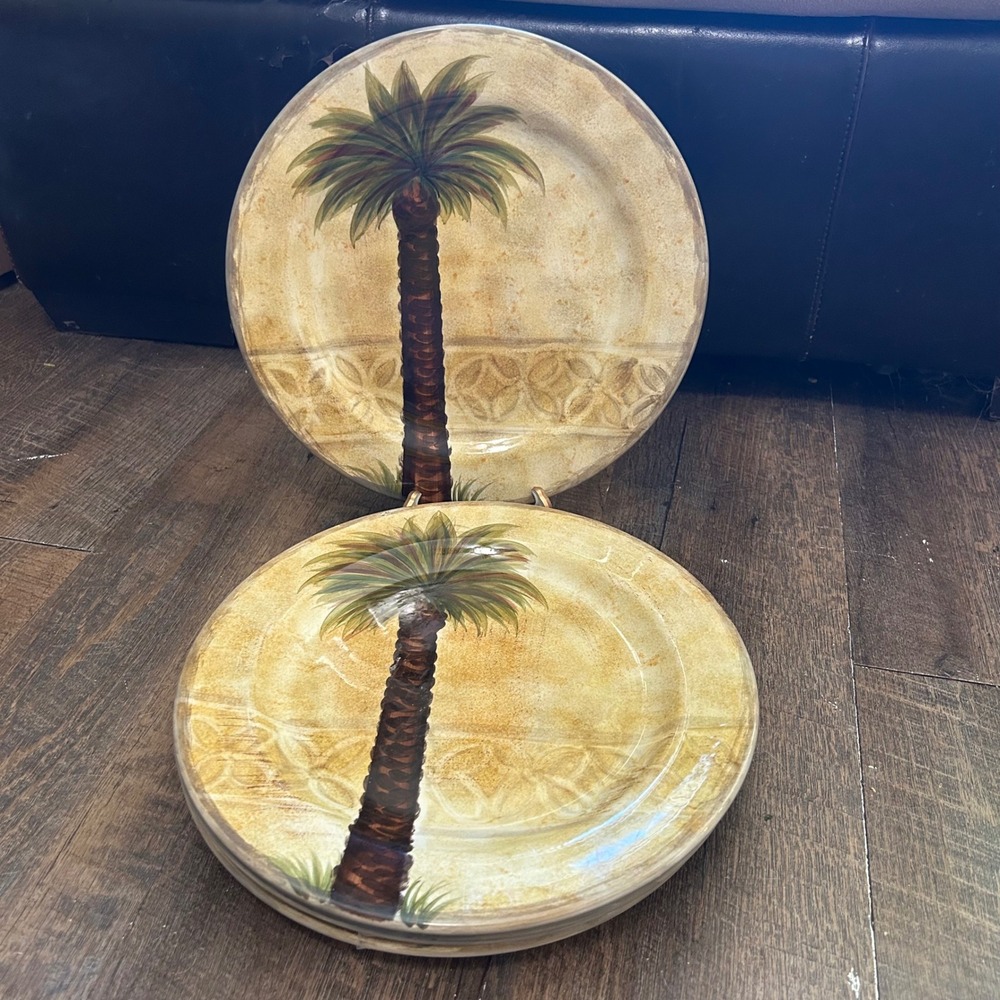 Tabletops Unlimited Bellagio Hand‎ Painted Palm Tree Dinner Plates Set of 4 Tan